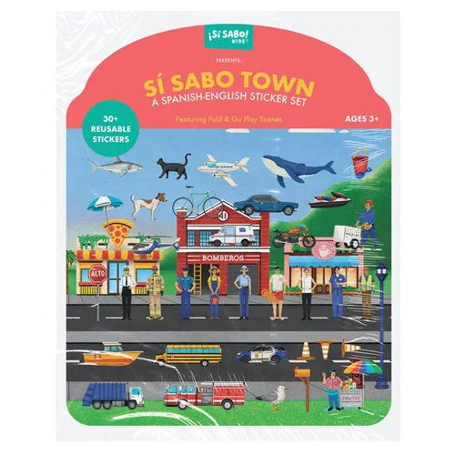 Sí Sabo Town: A Bilingual Reusable Sticker Play Set: Learn Spanish-English Language Skills with 30+ Reusable Stickers and 2 Fold-Out Play & Go Scenes