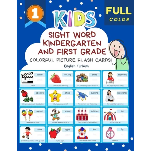 Sight Word Kindergarten and First Grade Colorful Picture Flash Cards English Turkish: Learning to read basic vocabulary card games. Improve reading co