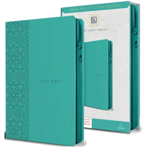 KJV Holy Bible, Large Print Handy Size, Aquamarine Premium Imitation Leather W/Ribbon Marker, Red Letter, Zipper