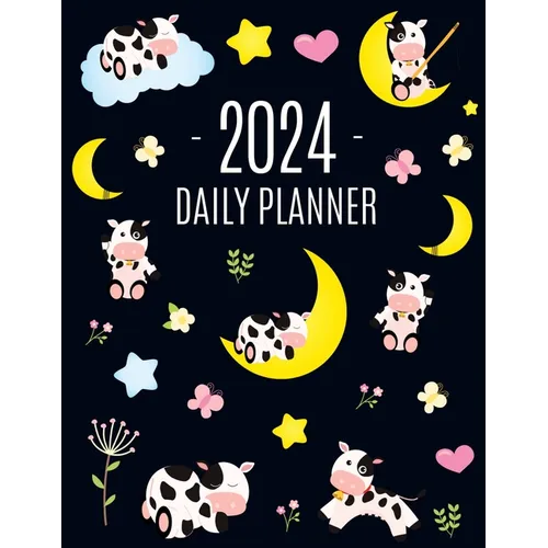 Cow Planner 2024: Cute 2024 Daily Organizer: January-December (12 Months) Pretty Farm Animal Scheduler With Calves, Moon & Hearts