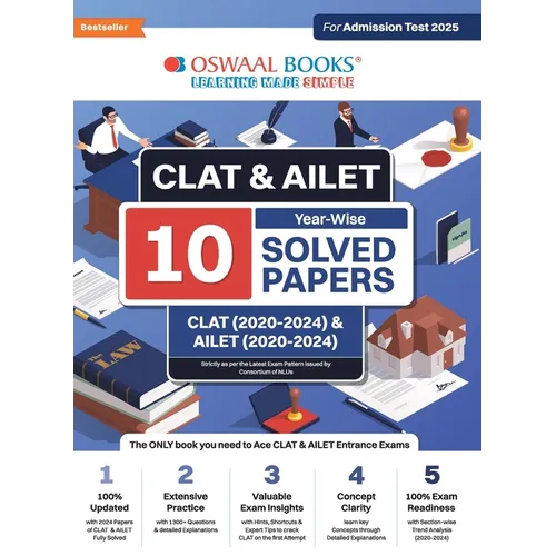 Oswaal CLAT & AILET 10 Previous Years Solved Papers - Year-Wise CLAT (2020 -2024) & AILET (2020 - 2024) For Admission Test 2025