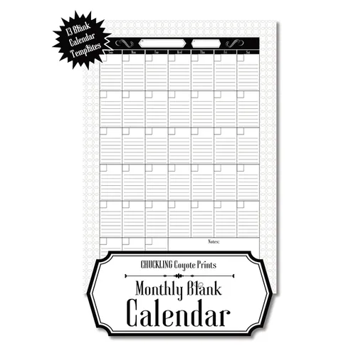 Monthly Blank Calendar: 8.5x11 Undated Calendar Fillable Templates for Office, School or Home, Sun-Sat, Pages For Notes And To-Do Agenda
