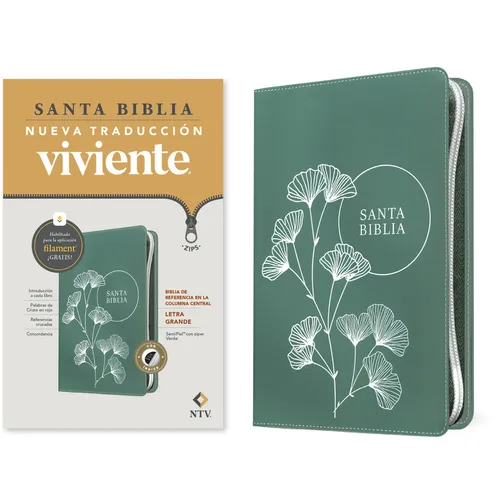 Biblia de Referencia En La Columna Central Ntv, Letra Grande de Zíper Con Filament (Sentipiel, Verde, Índice, Letra Roja)