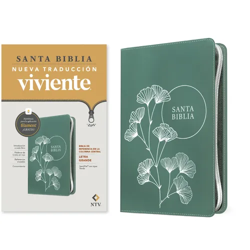 Biblia de Referencia En La Columna Central Ntv, Letra Grande de Zíper Con Filament (Sentipiel, Verde, Letra Roja)