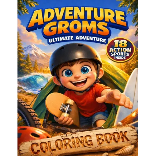 Adventure Groms: 18 Action Sports Coloring Book for Kids and Adults Mountain Biking, Surfing, Skateboarding, BMX, Motocross, Snowboarding, Rock Climbi
