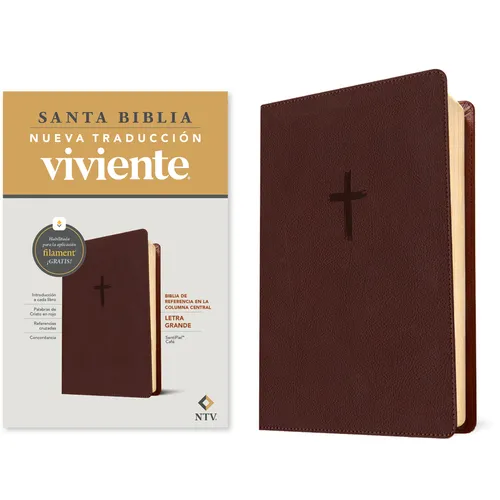 Biblia de Referencia En La Columna Central Ntv, Letra Grande Con Filament (Sentipiel, Café, Letra Roja)