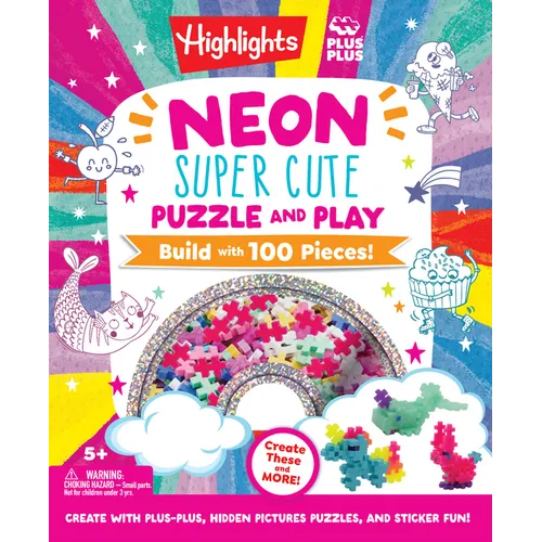 Neon Super Cute Puzzle and Play: Plus-Plus Building Blocks and Hidden Pictures Puzzle Sticker Book Set for Kids 5-9, Create and Personalize with Cute
