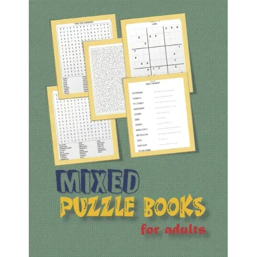 Mixed puzzle books for adults: word search, sudoku hard, Number searches, scramble, and mazes 8,5"x11" 106 pages