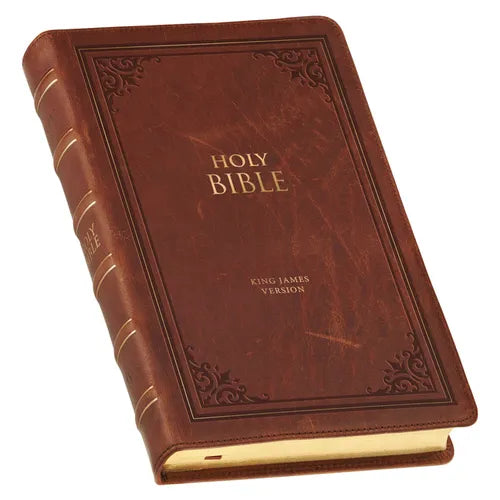 KJV Holy Bible, Standard Size Premium Full Grain Leather Red Letter Edition - Thumb Index & Ribbon Marker, King James Version, Brown Debossed