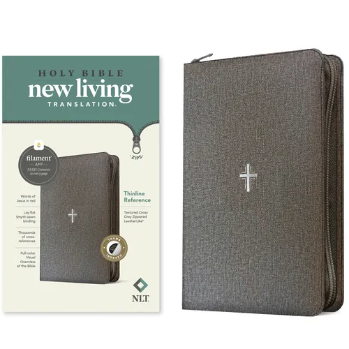 NLT Thinline Reference Zipper Bible, Filament Enabled (Leatherlike, Textured Cross Gray, Indexed, Red Letter)