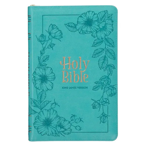 KJV Holy Bible, Standard Size Faux Leather Red Letter Edition - Thumb Index & Ribbon Marker, King James Version, Teal Floral Zipper Closure