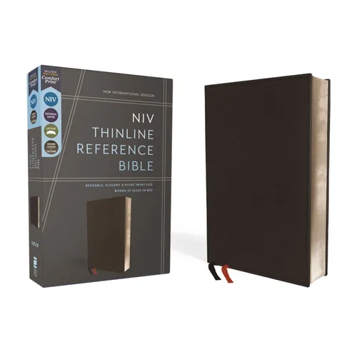Niv, Thinline Reference Bible (Deep Study at a Portable Size), Genuine Leather, Calfskin, Black, Red Letter, Comfort Print