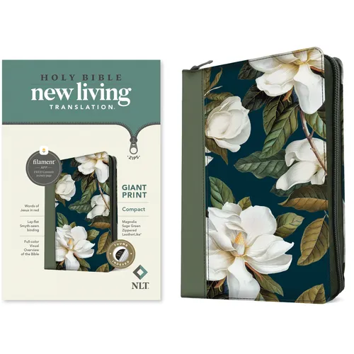 NLT Compact Giant Print Zipper Bible, Filament Enabled (Leatherlike, Magnolia Sage Green, Indexed, Red Letter)