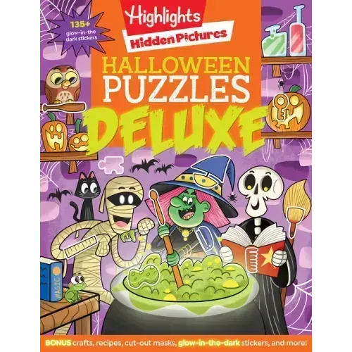 Halloween Puzzles Deluxe: Halloween Activity Book for Kids, 135 Glow-In-The-Dark Stickers, 96-Pages of Mazes, Puzzles with Halloween Crafts & Recipes