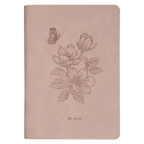 Christian Art Gifts Inspirational Zippered Journal, Be Still Wide Ruled Notebook, Psalm 46:10 Bible Verse, Pink Vegan Leather, 336 Lined Pages W/Scrip