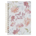 Christian Art Gifts Inspirational Journal, Walk by Faith Wide Ruled Notebook, 2 Corinthians 5:7 Bible Verse, Pink W/ White Florals, 192 Lined Pages W/