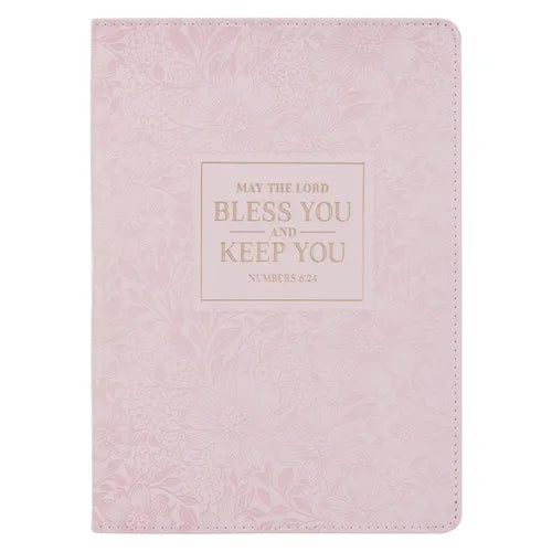 Christian Art Gifts Classic Journal Bless You and Keep You Num. 6:24 Bible Verse, Inspirational Scripture Notebook, Ribbon Marker, Pink Vegan Leather