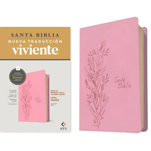 Biblia de Referencia En La Columna Central Ntv, Letra Grande Con Filament (Sentipiel, Rosa, Letra Roja)