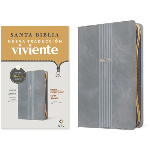 Biblia de Referencia En La Columna Central Ntv, Letra Grande de Zíper Con Filament (Sentipiel, Gris, Letra Roja)