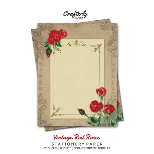 Vintage Red Roses Stationery Paper: Antique Letter Writing Paper for Home, Office, 25 Sheets (Border Paper Design)
