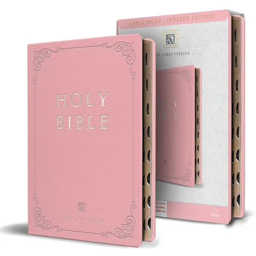 KJV Holy Bible, Large Print Handy Size Format, Pink Premium Imitation Leather with Ribbon Marker, Red Letter, Thumb Index