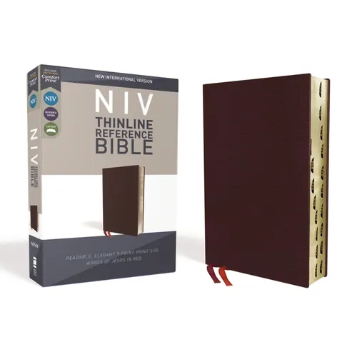 NIV, Thinline Reference Bible, Bonded Leather, Burgundy, Red Letter Edition, Indexed, Comfort Print