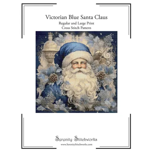 Victorian Blue Santa Claus Cross Stitch Pattern: Regular and Large Print Chart