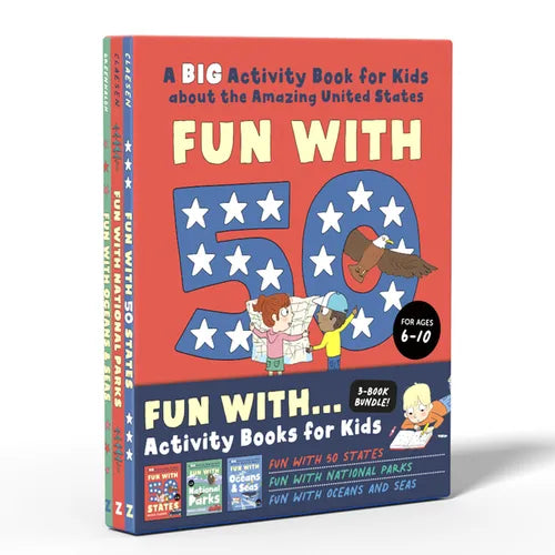 Fun Activity Books for Kids Box Set: 3 Activity Books to Learn about 50 Us States, National Parks, and Oceans and Seas