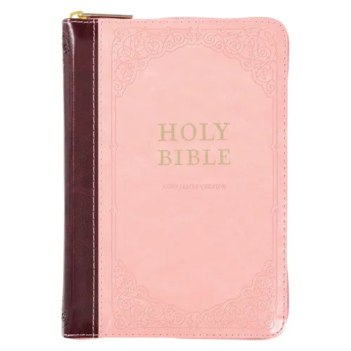 KJV Holy Bible, Compact Faux Leather Red Letter Edition - Ribbon Marker, King James Version, Pink/Burgundy, Zipper Closure